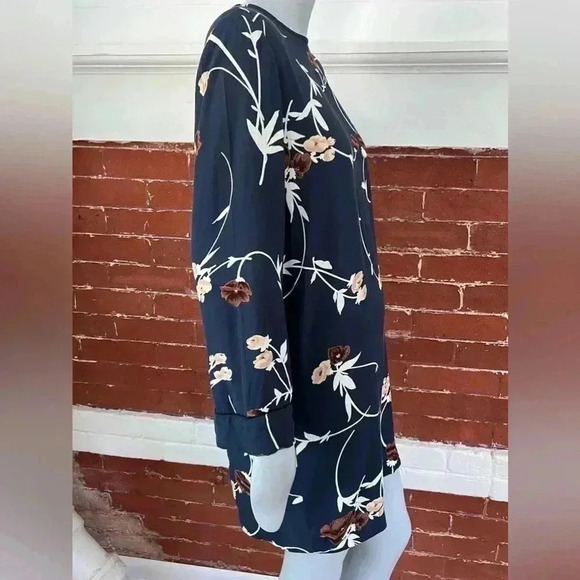 Ganni Dalton Shift Dress in Navy Blue Floral Crepe Long Sleeve Mini - Picture 5 of 16